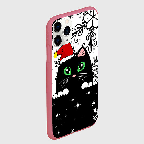 Чехол iPhone 11 Pro матовый Новогодний кот в колпаке Санты / 3D-Малиновый – фото 2