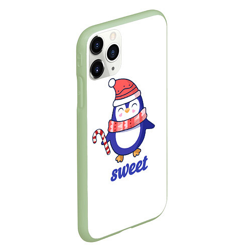 Чехол iPhone 11 Pro матовый Милый пингвин с конфетой и надписью Sweet / 3D-Салатовый – фото 2