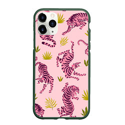 Чехол iPhone 11 Pro матовый Розовые тигры паттерн, цвет: 3D-темно-зеленый