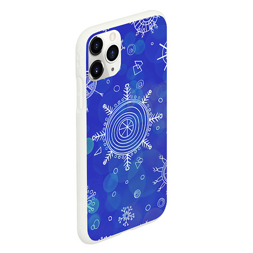 Чехол iPhone 11 Pro матовый Белые простые снежинки на синем фоне / 3D-Белый – фото 2