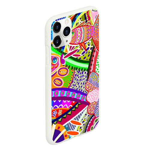 Чехол iPhone 11 Pro матовый Разноцветные яркие рыбки на абстрактном цветном фо / 3D-Белый – фото 2