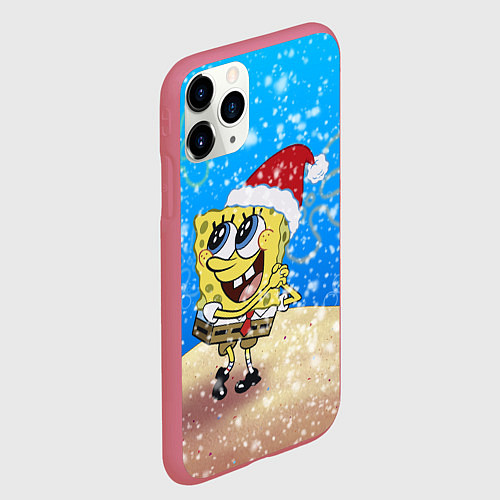 Чехол iPhone 11 Pro матовый НОВОГОДНИЙ ГУБКА БОБ КВАДРАТНЫЕ ШТАНЫ / 3D-Малиновый – фото 2