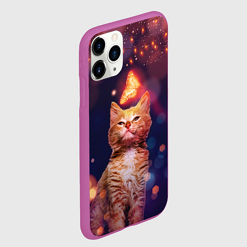 Чехол iPhone 11 Pro матовый РЫЖИЙ КОТ И БАБОЧКА / 3D-Фиолетовый – фото 2