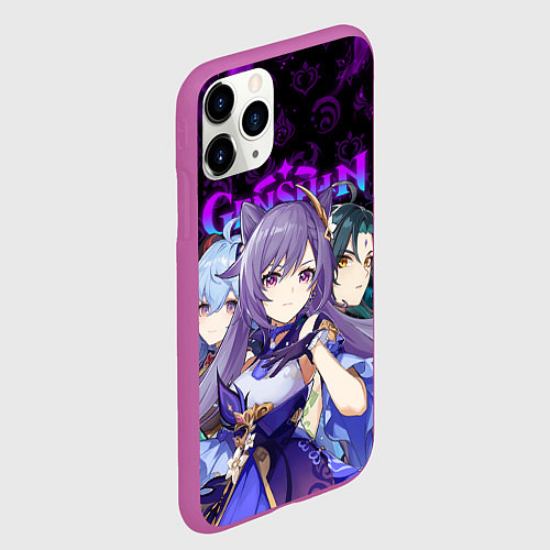 Чехол iPhone 11 Pro матовый GENSHIN IMPACT ГЕРОИНИ В НЕОНОВОМ ОГНЕ NEON FIRE / 3D-Фиолетовый – фото 2