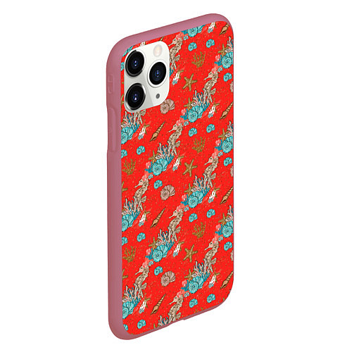 Чехол iPhone 11 Pro матовый Морские коньки паттерн / 3D-Малиновый – фото 2