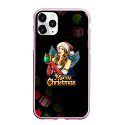 Чехол iPhone 11 Pro матовый Merry Christmas Снегурочка с подарком, цвет: 3D-розовый