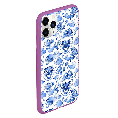 Чехол iPhone 11 Pro матовый Гжель Тигр и узоры / 3D-Фиолетовый – фото 2