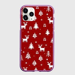 Чехол iPhone 11 Pro матовый Новогодние олени и елки на красном фоне, цвет: 3D-фиолетовый