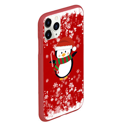 Чехол iPhone 11 Pro матовый Пингвин в новогодней шапочке / 3D-Красный – фото 2