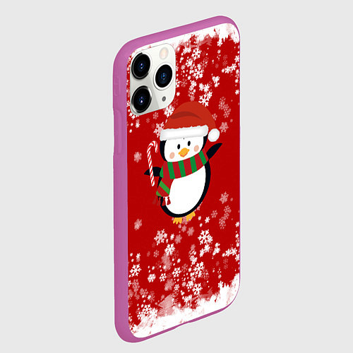 Чехол iPhone 11 Pro матовый Пингвин в новогодней шапочке / 3D-Фиолетовый – фото 2