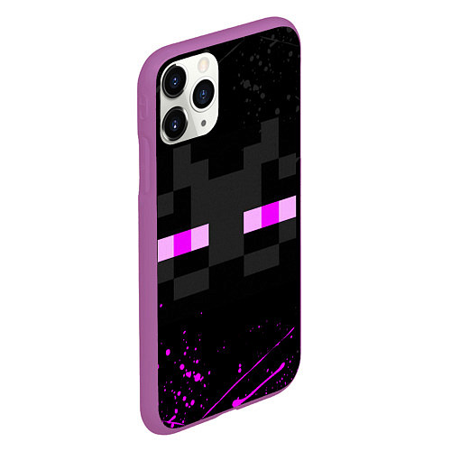 Чехол iPhone 11 Pro матовый MINECRAFT ЭНДЕРМЕН ЛИЦО, БРЫЗГИ КРАСОК / 3D-Фиолетовый – фото 2