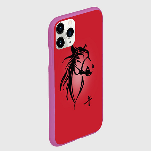 Чехол iPhone 11 Pro матовый Огненная лошадь с иероглифом / 3D-Фиолетовый – фото 2