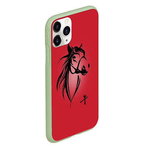 Чехол iPhone 11 Pro матовый Огненная лошадь с иероглифом / 3D-Салатовый – фото 2