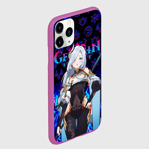 Чехол iPhone 11 Pro матовый ШЕНЬ ХЭ ГЕНШИН ИМПАКТ ГЕРОИНЯ НЕОНОЫЙ ОГОНЬ / 3D-Фиолетовый – фото 2