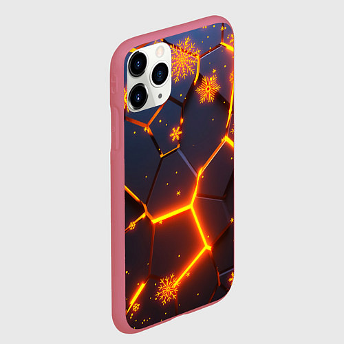 Чехол iPhone 11 Pro матовый НОВОГОДНИЕ ОГНЕННЫЕ 3D ПЛИТЫ FIRE NEON HEXAGON / 3D-Малиновый – фото 2