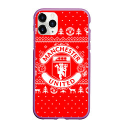 Чехол iPhone 11 Pro матовый FC Manchester United: Новогодний узор, цвет: 3D-фиолетовый