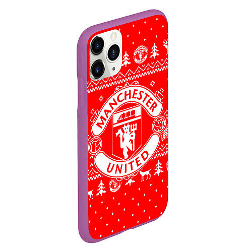 Чехол iPhone 11 Pro матовый FC Manchester United: Новогодний узор / 3D-Фиолетовый – фото 2