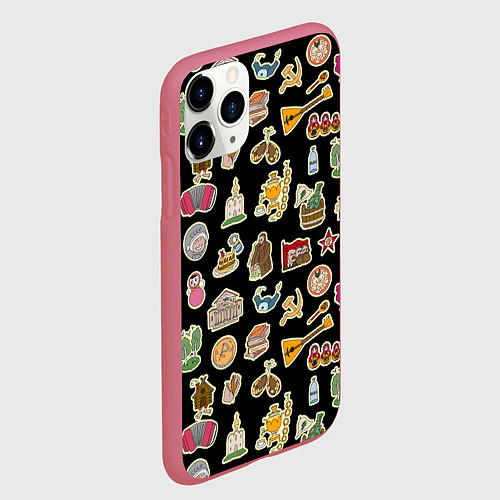 Чехол iPhone 11 Pro матовый Россия и СССР паттерн / 3D-Малиновый – фото 2