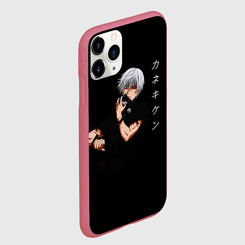 Чехол iPhone 11 Pro матовый Токийский Гуль снимает маску Иероглифы / 3D-Малиновый – фото 2