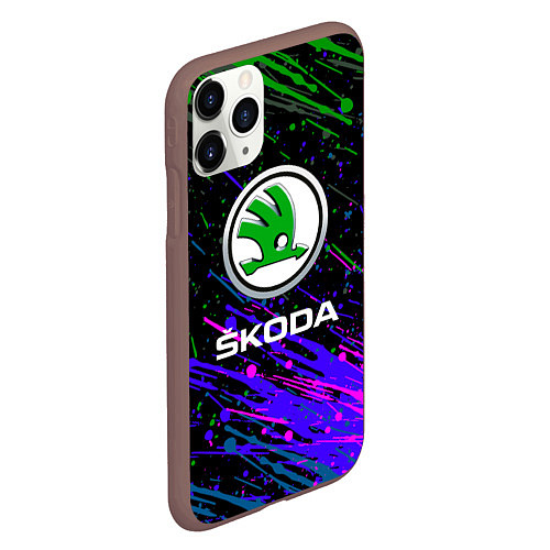 Чехол iPhone 11 Pro матовый Skoda разноцветные брызги / 3D-Коричневый – фото 2