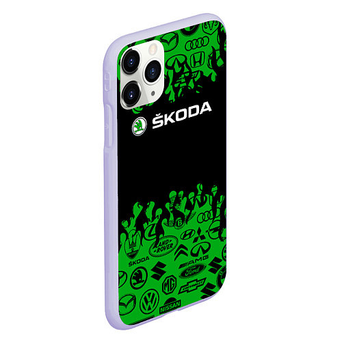 Чехол iPhone 11 Pro матовый Skoda паттерн логотипов авто / 3D-Светло-сиреневый – фото 2