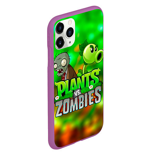 Чехол iPhone 11 Pro матовый Plants vs Zombies горохострел и зомби / 3D-Фиолетовый – фото 2