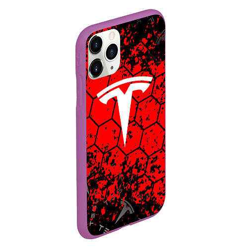 Чехол iPhone 11 Pro матовый Tesla Logo соты / 3D-Фиолетовый – фото 2