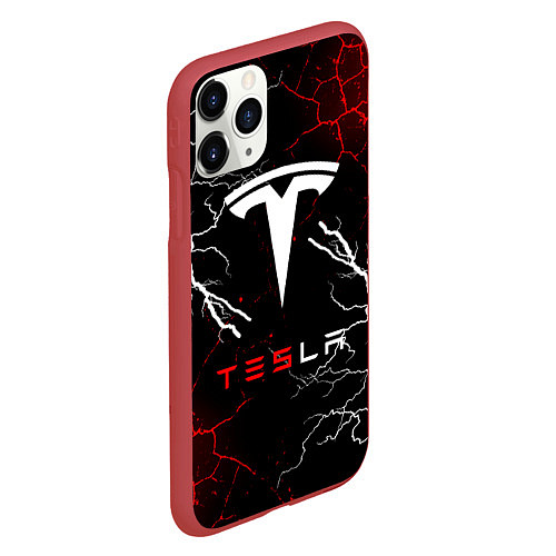 Чехол iPhone 11 Pro матовый Tesla Трещины с молниями / 3D-Красный – фото 2