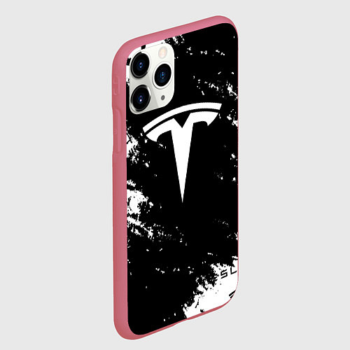 Чехол iPhone 11 Pro матовый Tesla logo texture / 3D-Малиновый – фото 2