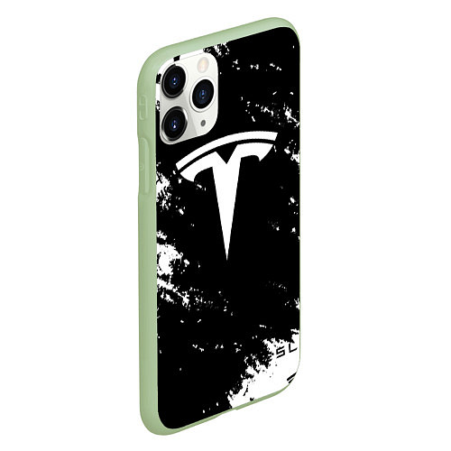 Чехол iPhone 11 Pro матовый Tesla logo texture / 3D-Салатовый – фото 2