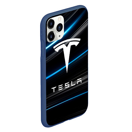 Чехол iPhone 11 Pro матовый Tesla - Неоновые полосы / 3D-Тёмно-синий – фото 2