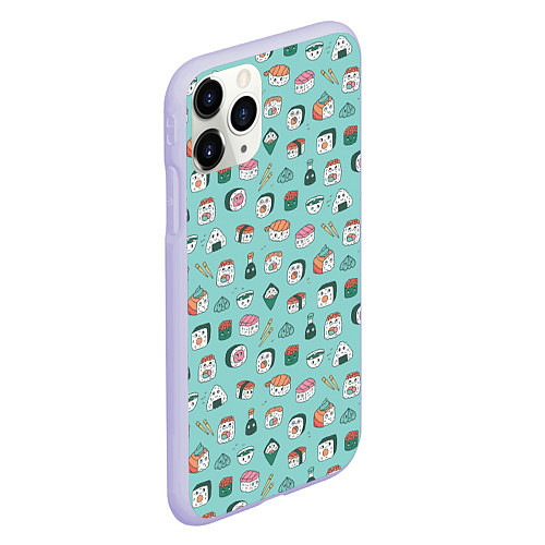Чехол iPhone 11 Pro матовый Кавайные суши и роллы с глазами / 3D-Светло-сиреневый – фото 2