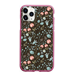 Чехол iPhone 11 Pro матовый Цветы и ягоды паттерн, цвет: 3D-малиновый