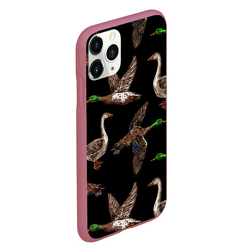 Чехол iPhone 11 Pro матовый Утки паттерн / 3D-Малиновый – фото 2