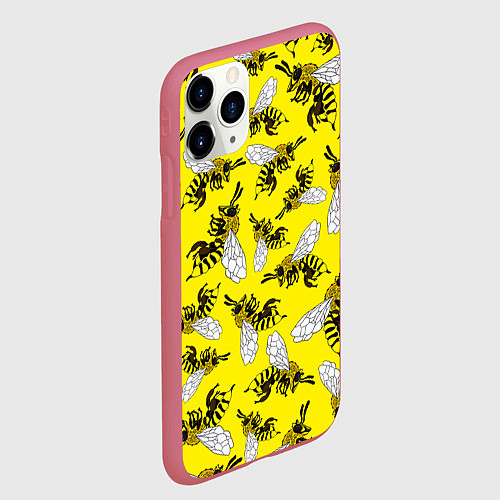 Чехол iPhone 11 Pro матовый Пчелы на желтом / 3D-Малиновый – фото 2