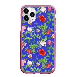 Чехол iPhone 11 Pro матовый Цветочки - синий фон - паттерн, цвет: 3D-малиновый