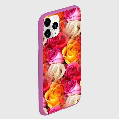 Чехол iPhone 11 Pro матовый Красные, желтые и белые розы / 3D-Фиолетовый – фото 2