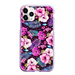 Чехол iPhone 11 Pro матовый Цветочный Паттерн Flowers and leaves, цвет: 3D-сиреневый