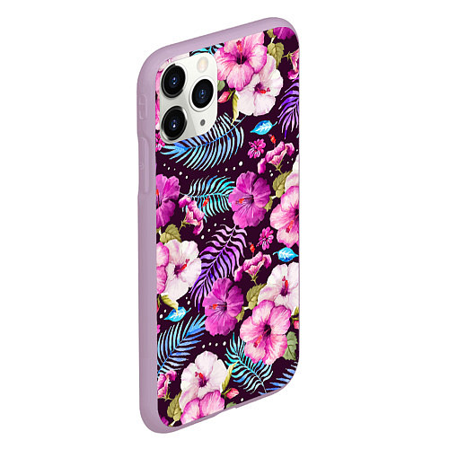 Чехол iPhone 11 Pro матовый Цветочный Паттерн Flowers and leaves / 3D-Сиреневый – фото 2