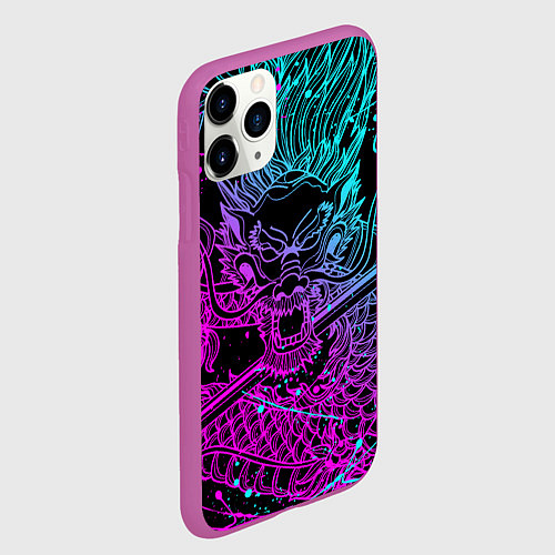 Чехол iPhone 11 Pro матовый НЕОНОВЫЕ ДРАКОНЫ NEON DRAGON БРЫЗГИ КРАСОК / 3D-Фиолетовый – фото 2