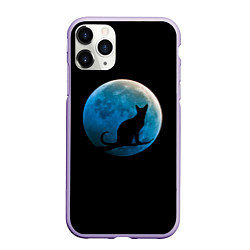 Чехол iPhone 11 Pro матовый Силуэт кота на фоне синей луны, цвет: 3D-светло-сиреневый
