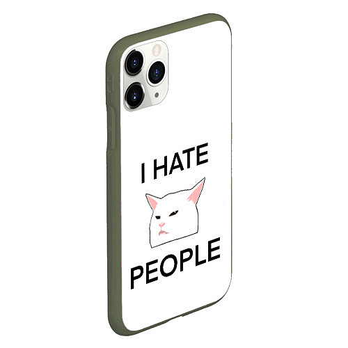 Чехол iPhone 11 Pro матовый I hate people, дизайн с белым мемным котом / 3D-Темно-зеленый – фото 2