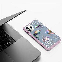 Чехол iPhone 11 Pro матовый Разноцветные акварельные рыбки и белые водоросли, цвет: 3D-розовый — фото 2