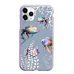 Чехол iPhone 11 Pro матовый Разноцветные акварельные рыбки и белые водоросли, цвет: 3D-светло-сиреневый