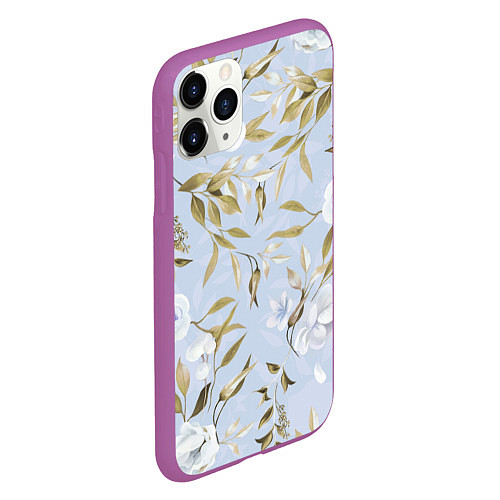 Чехол iPhone 11 Pro матовый Цветы Золотые Листья / 3D-Фиолетовый – фото 2