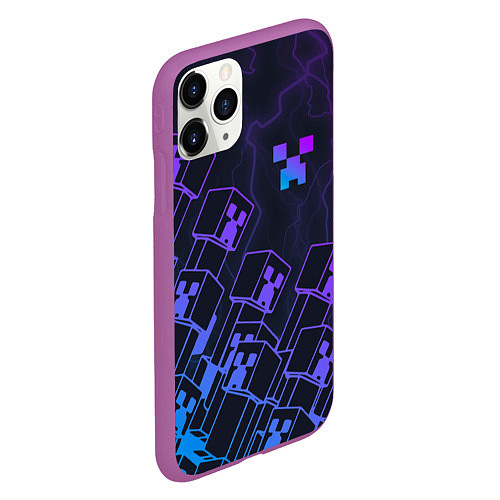 Чехол iPhone 11 Pro матовый Minecraft CREEPER NEON / 3D-Фиолетовый – фото 2