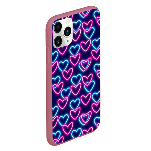 Чехол iPhone 11 Pro матовый Неоновые сердца, паттерн / 3D-Малиновый – фото 2
