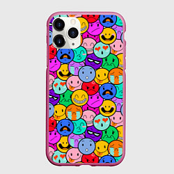 Чехол iPhone 11 Pro матовый Sticker bombing смайлы маленькие, цвет: 3D-малиновый