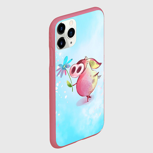 Чехол iPhone 11 Pro матовый Милый поросенок с цветами / 3D-Малиновый – фото 2