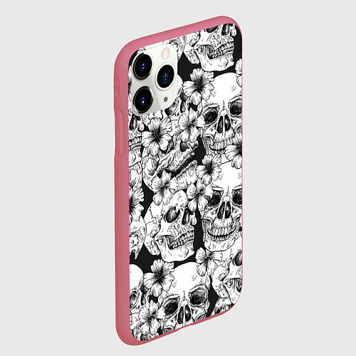 Чехол iPhone 11 Pro матовый Чёрно белые черепа и маки / 3D-Малиновый – фото 2